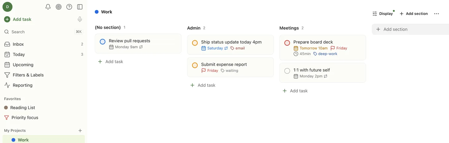 A project rendered as a kanban board with Admin and Meetings columns