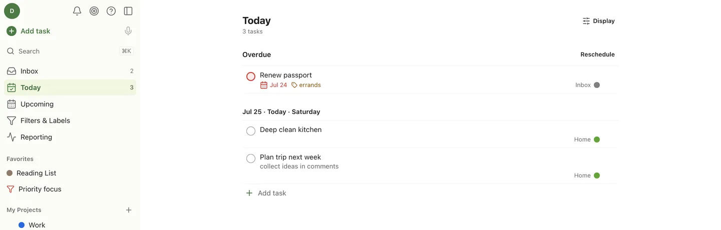 The OpenTask Today view: an overdue section with one-tap reschedule, priority colours, and the project sidebar