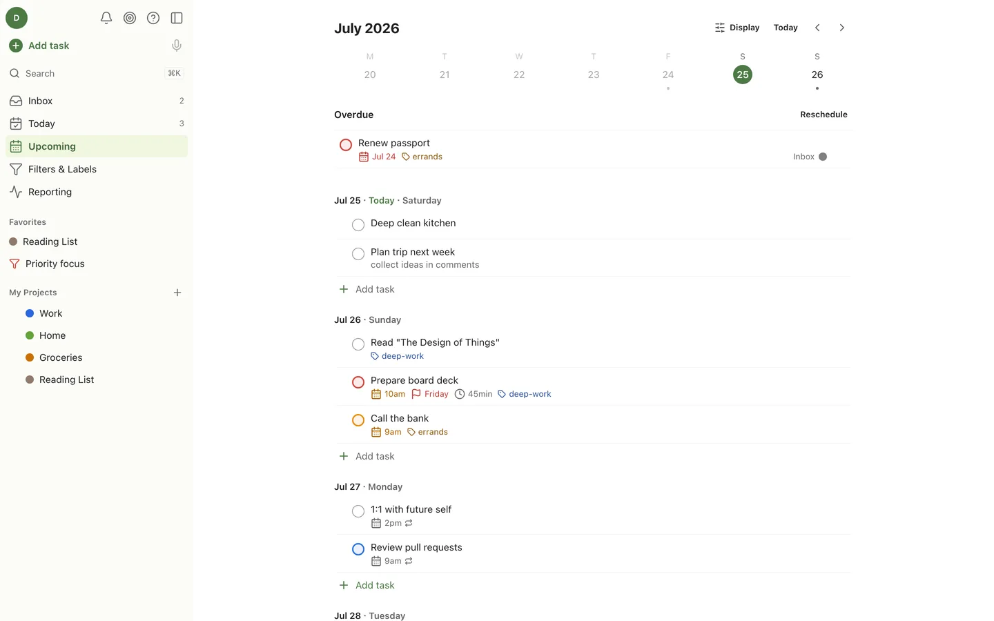 The Upcoming view showing a week strip with tasks grouped by day